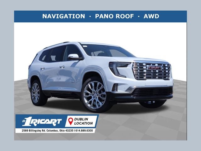 2026 GMC Acadia Denali in Glacier White Tricoat — front three-quarter view